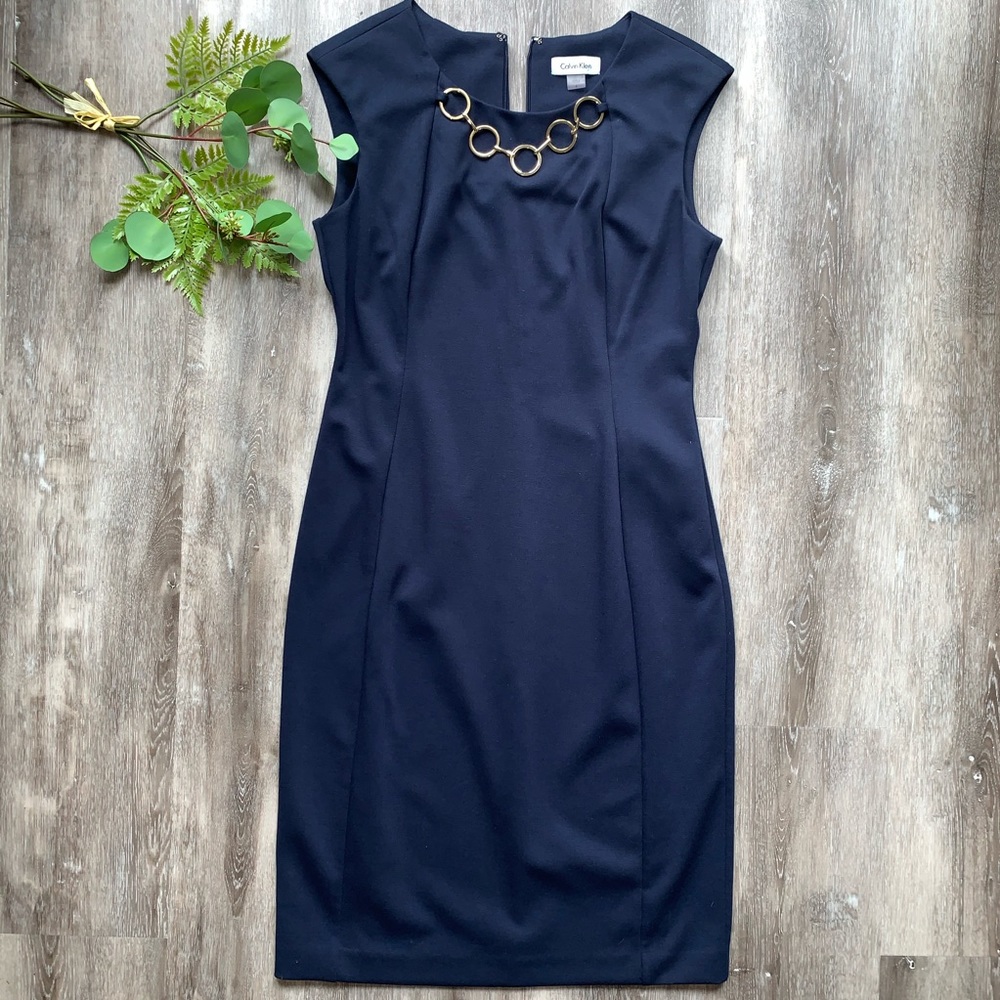 Calvin Klein Chain Necklace Sheath Dress Navy Blue
